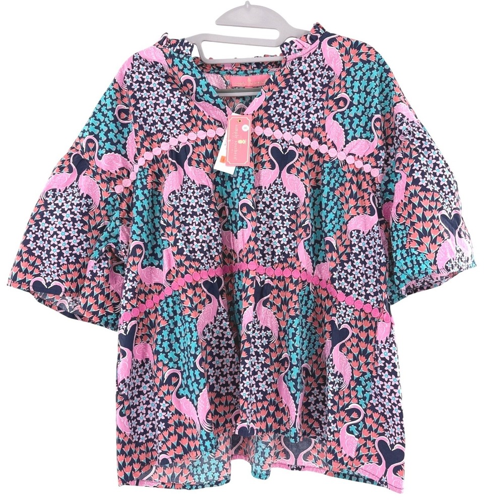 Simply Southern Flamingo Print Pom Trim Top Women Size M Navy Pink
Tropical NWT